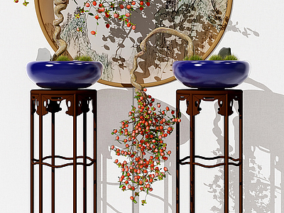 中式植物盆景花盆花架模型3d模型