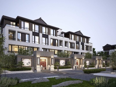 新中式联排别墅建筑外观模型3d模型