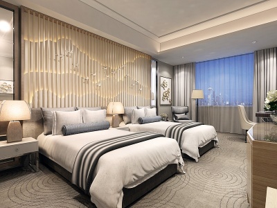 3d新中式酒店客房双人间模型