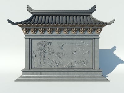 3d中式迎客松景墙模型
