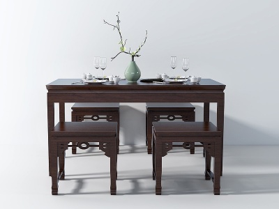 新中式餐桌椅摆件模型3d模型