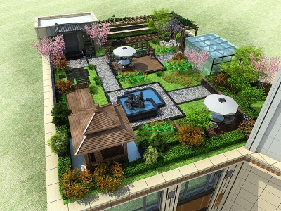 新中式屋顶花园阳光房模型