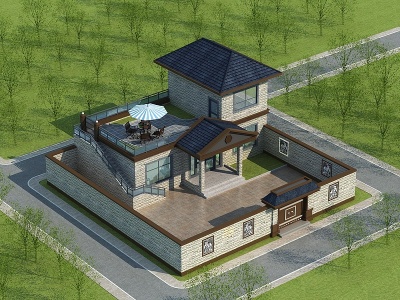 3d中式别墅带院模型