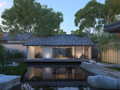 3d新中式水景别墅模型