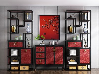 3d新中式装饰柜书柜模型