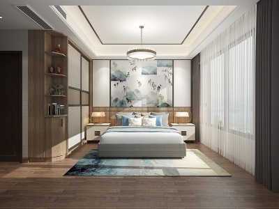 3d新中式卧室吊灯衣柜壁画模型