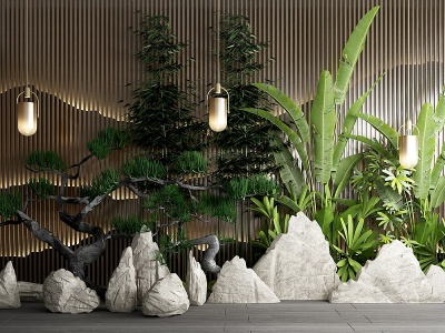 3d新中式假山背景墙石头绿植模型