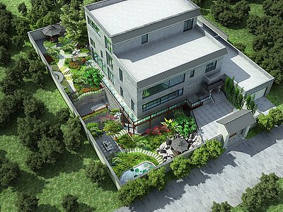 3d新中式别墅庭院景观模型