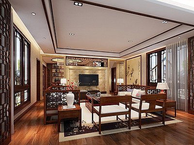 3d中式客厅沙发壁画花格模型