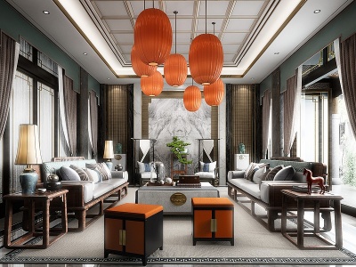 中式豪华别墅客厅模型3d模型