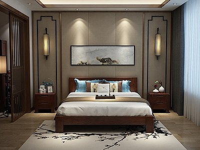 中式卧室胡桃色家具模型3d模型