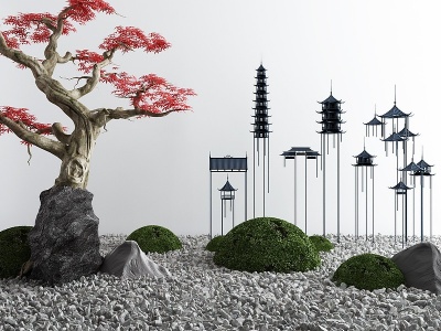 3d新中式庭院景观小品模型