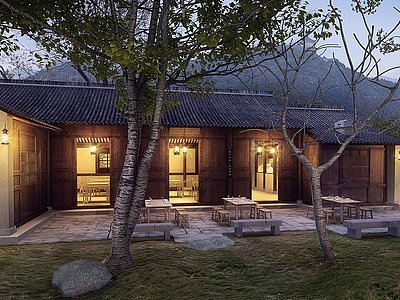 3d新中式民宿庭院模型