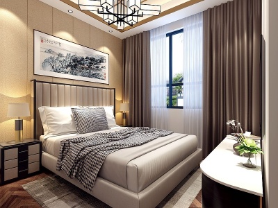 3d新中式卧室床吊灯电视柜模型