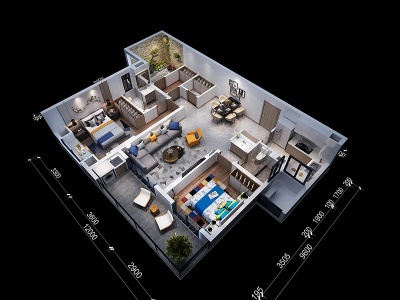 3d现代家装鸟瞰图样板房模型