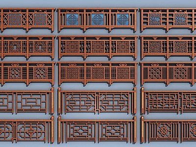中式护栏扶手实木栏杆组合模型3d模型