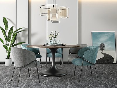北欧餐桌椅绿植吊灯组合模型3d模型