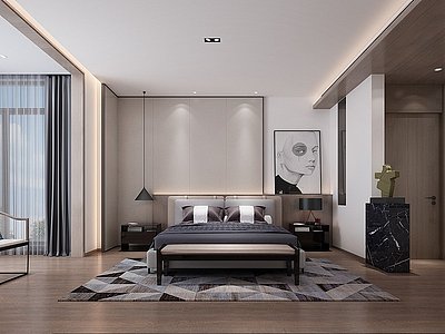 3d现代中式家居主卧室模型