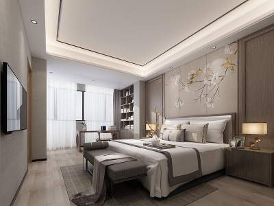 3d新中式卧室书桌酒店大床房模型