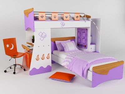 3d现代双层儿童床书桌组合模型