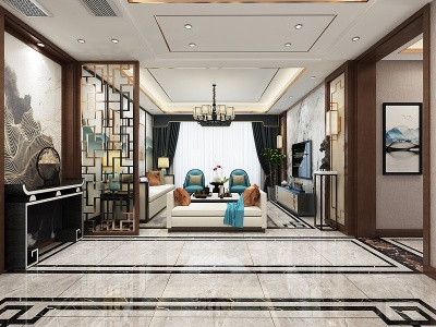 3d新中式风格客厅玄关模型