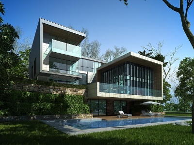 3d现代石材玻璃别墅模型