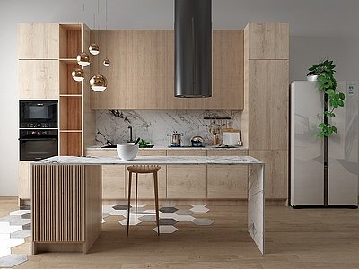 3d北欧开放式厨房冰箱吧台模型
