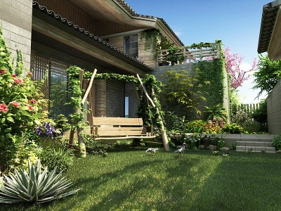 3d现代别墅庭院园林景观模型