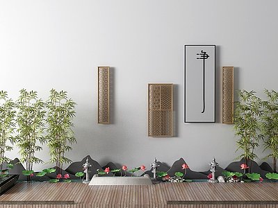 3d新中式竹子石灯荷花模型
