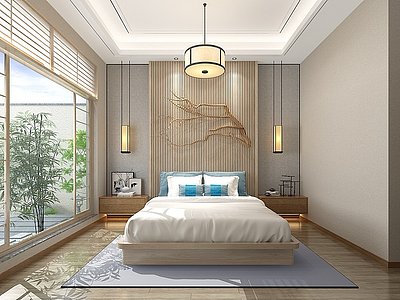 3d新中式卧室客房双人床模型