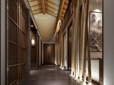3d民宿酒店会所餐厅走廊模型