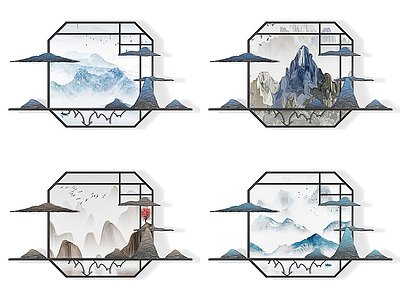 3d新中式山脉墙饰挂件立体画模型