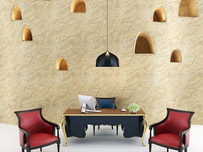 3d地中海土墙窑洞书桌书椅模型