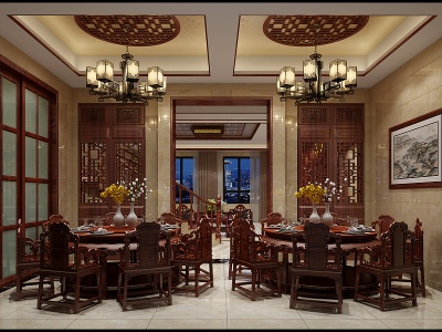 中式客餐厅别墅模型