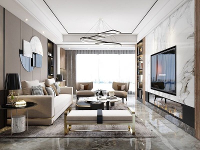 3d现代客厅沙发组合吊灯模型