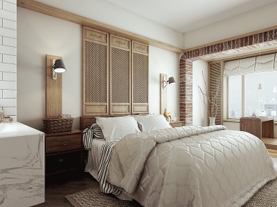 中式卧室双人床床头柜格栅模型3d模型