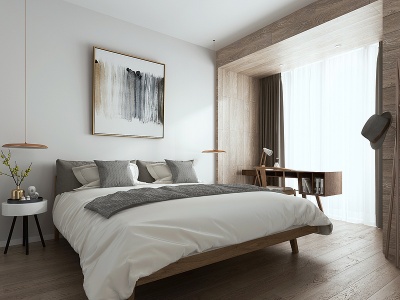 3d现代卧室双人床装饰画书桌模型