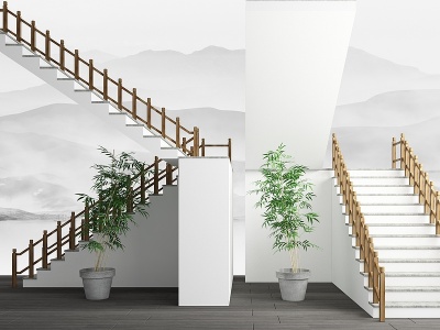 3d新中式楼梯踏步扶手模型