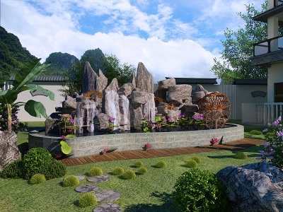 3d新中式别墅院子假山流水模型