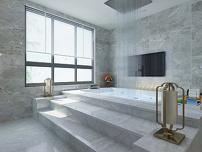 3d新中式酒店套房客厅浴池模型