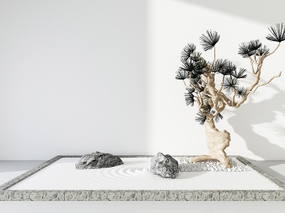 3d新中式石头树干造景模型