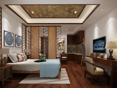 3d东南亚风格卧室客餐厅模型