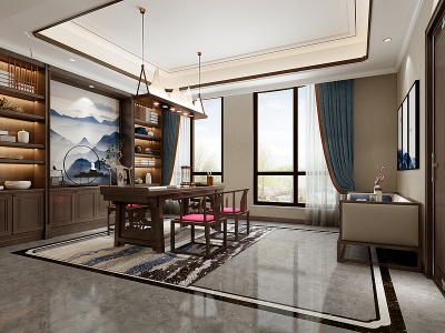 3d新中式书房书桌茶室罗汉床模型