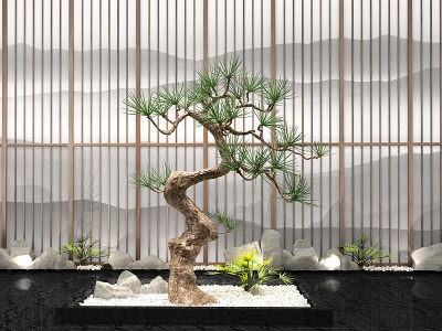 3d新中式庭院松树造景模型