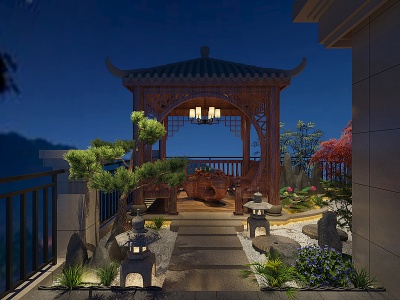 3d中式花园阳台露台院子景观模型