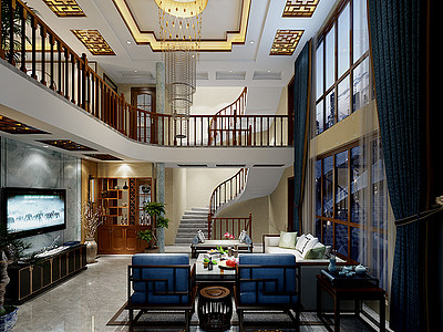 3d新中式别墅跃层新中式客厅模型