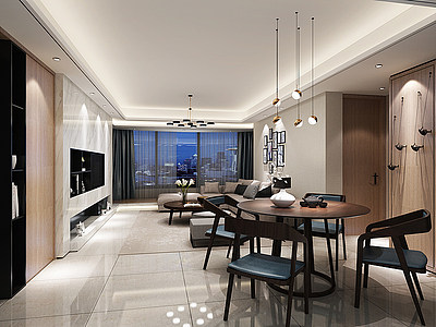 3d现代客厅沙发组合餐桌吊灯模型