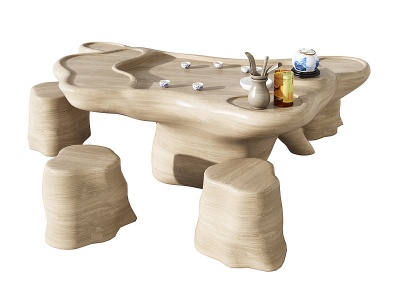 3d新中式异形茶桌凳组合模型