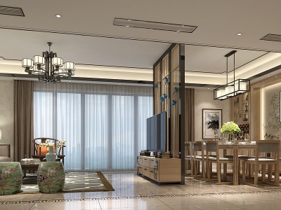 3d新中式原木色调客餐厅模型
