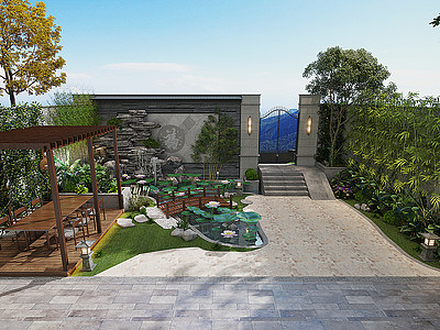 3d新中式居家庭院模型